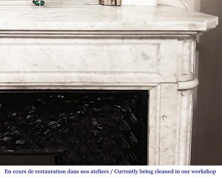 Louis XVI style fireplace with rounded corners, decorated with a daisy, in Carrara marble-5