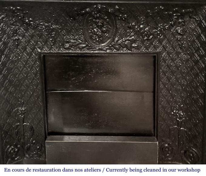 Louis XVI style fireplace with rounded corners, decorated with a daisy, in Carrara marble-6