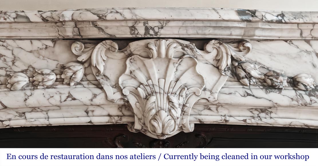 Important Regency-style fireplace adorned with a shell motif, in purple breccia marble-1