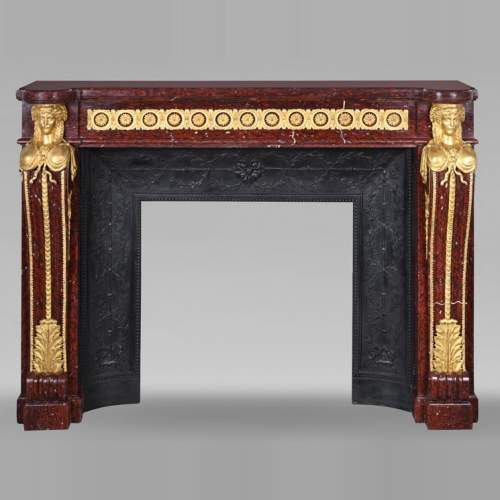 Louis XVI style fireplace in griotte red marble with gilt bronze decoration