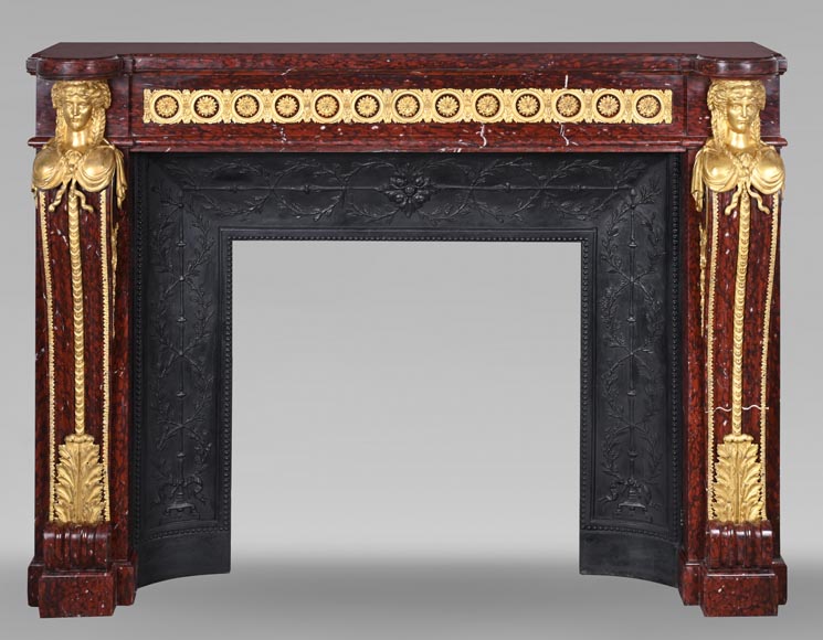 Louis XVI style fireplace in griotte red marble with gilt bronze decoration-0