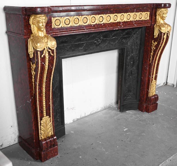 Louis XVI style fireplace in griotte red marble with gilt bronze decoration-3