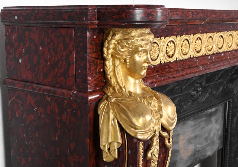 Louis XVI style fireplace in griotte red marble with gilt bronze decoration-4