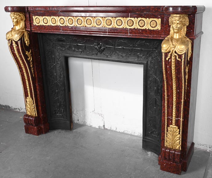 Louis XVI style fireplace in griotte red marble with gilt bronze decoration-8