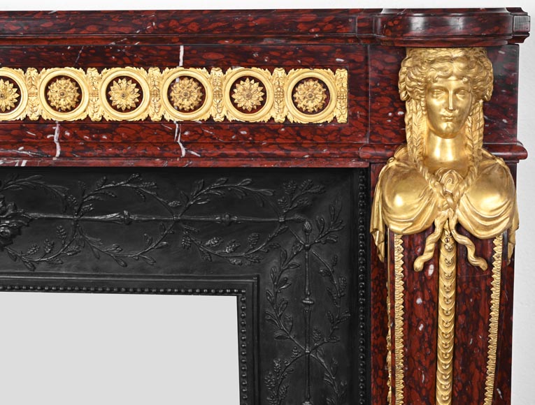 Louis XVI style fireplace in griotte red marble with gilt bronze decoration-9