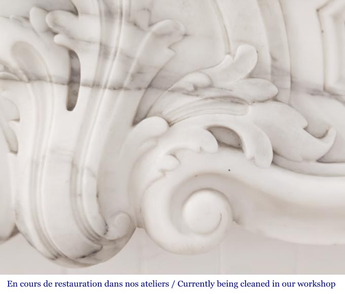 Louis XV style fireplace with asymmetrical palmette, in arabescato marble-3