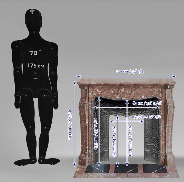 Louis XV style Pompadour model fireplace, in Rouge du Nord marble-10