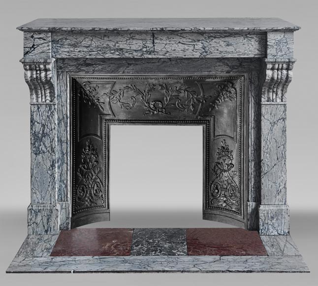 Napoleon III style fireplace with modillions, in blue Turquin marble-0