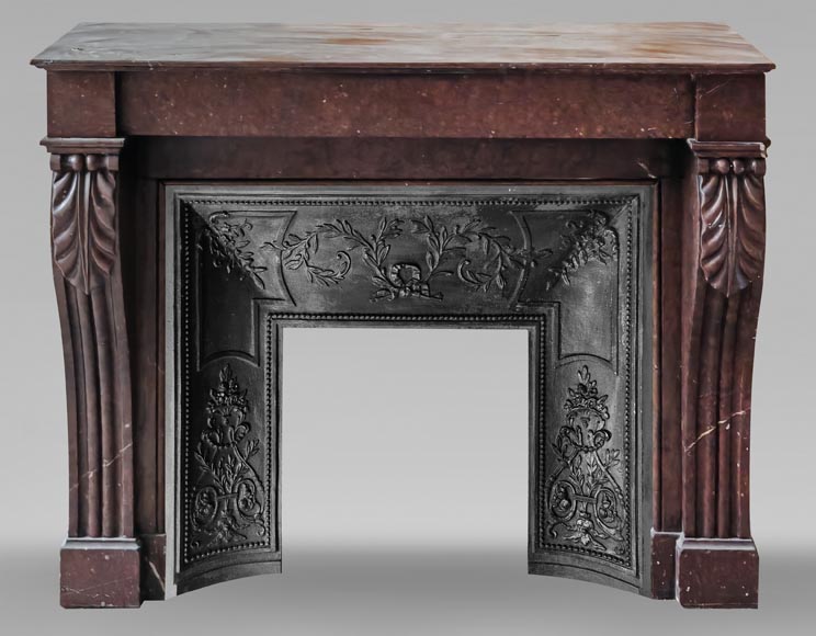 Napoleon III style fireplace decorated with acanthus leaves, in griotte red marble-0