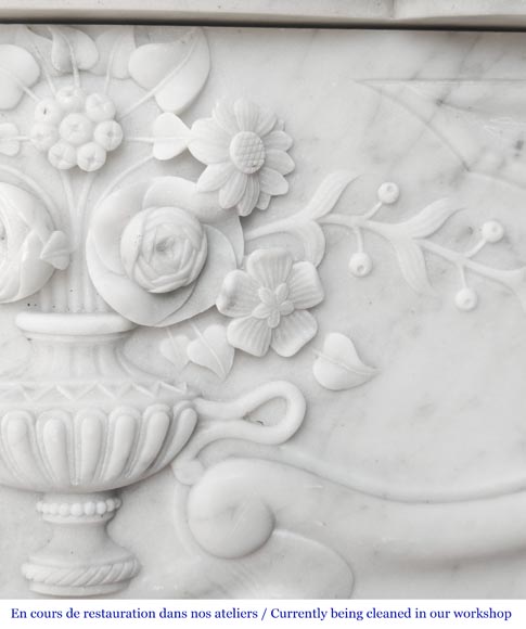 Louis XV style fireplace in Carrara marble, decorated with a vase of flowers-3