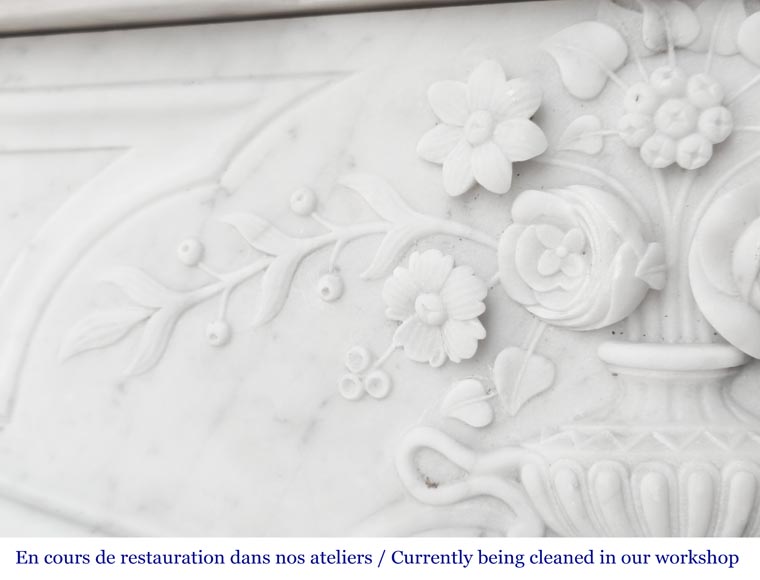 Louis XV style fireplace in Carrara marble, decorated with a vase of flowers-4