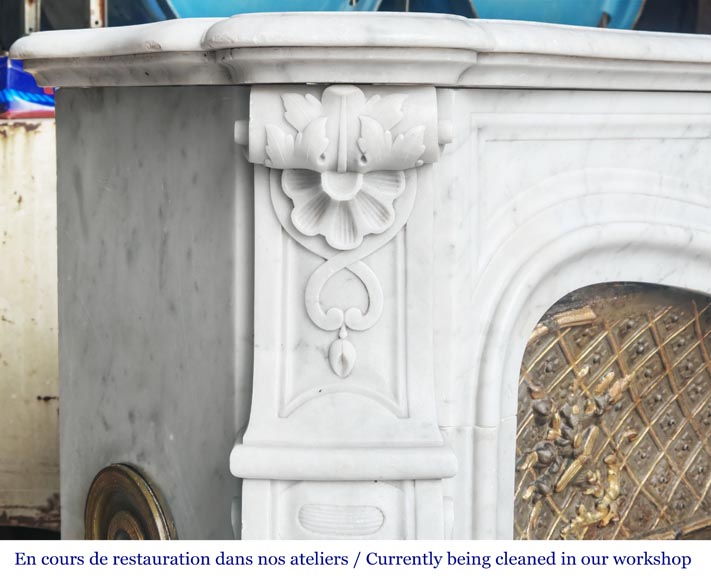Louis XV style fireplace in Carrara marble, decorated with a vase of flowers-6