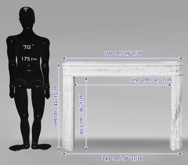 A Louis XVI period fireplace in veined Carrara marble, decorated with a Greek-style frieze.-10