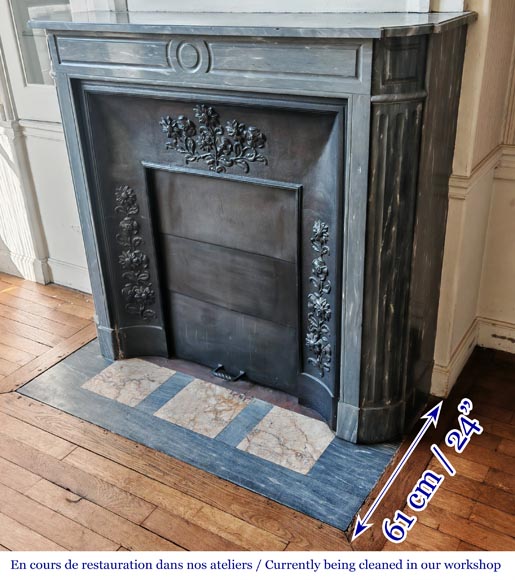 Louis XVI style fireplace with rounded corners, in blue Turquin marble-5