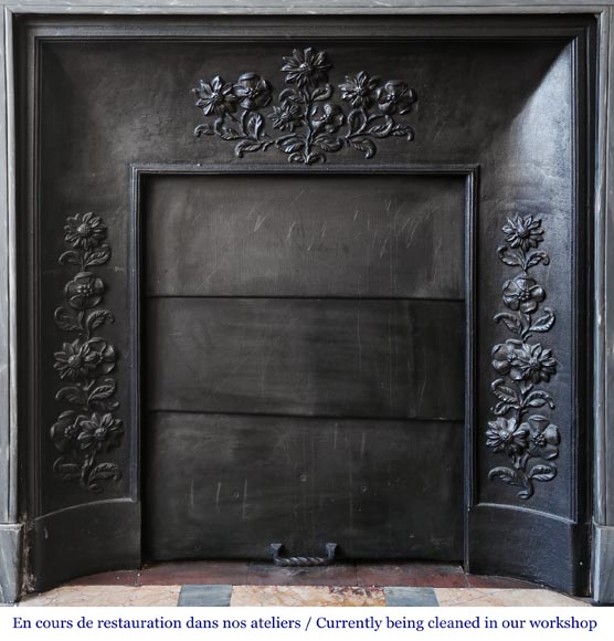 Louis XVI style fireplace with rounded corners, in blue Turquin marble-8