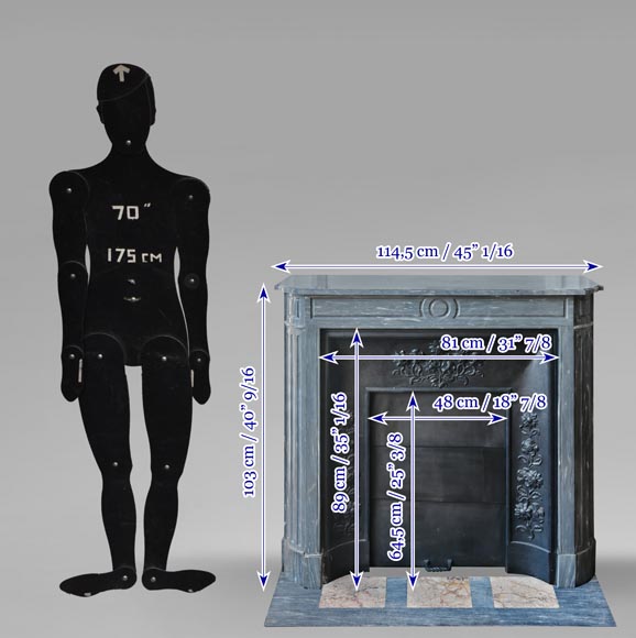 Louis XVI style fireplace with rounded corners, in blue Turquin marble-12