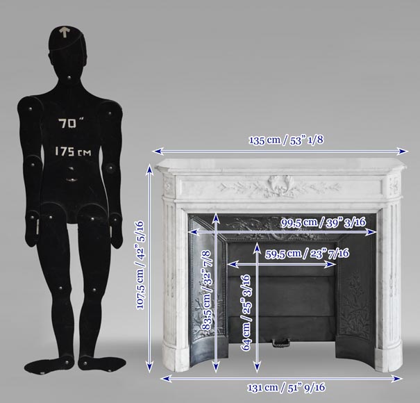 Louis XVI style fireplace with rounded corners and decorated with a laurel wreath, in Carrara marble-13