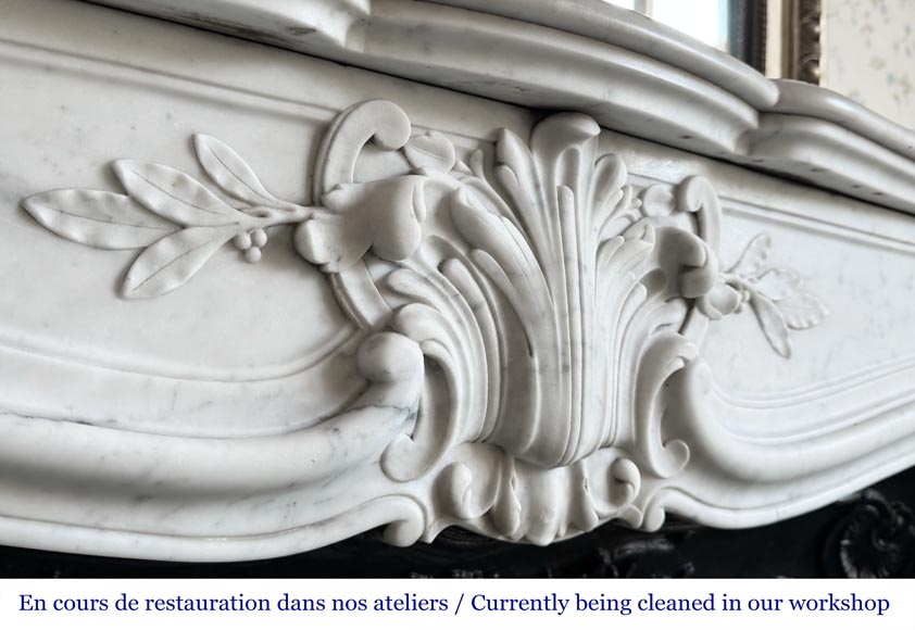 Louis XV style fireplace in Carrara marble, decorated with a palmette-2