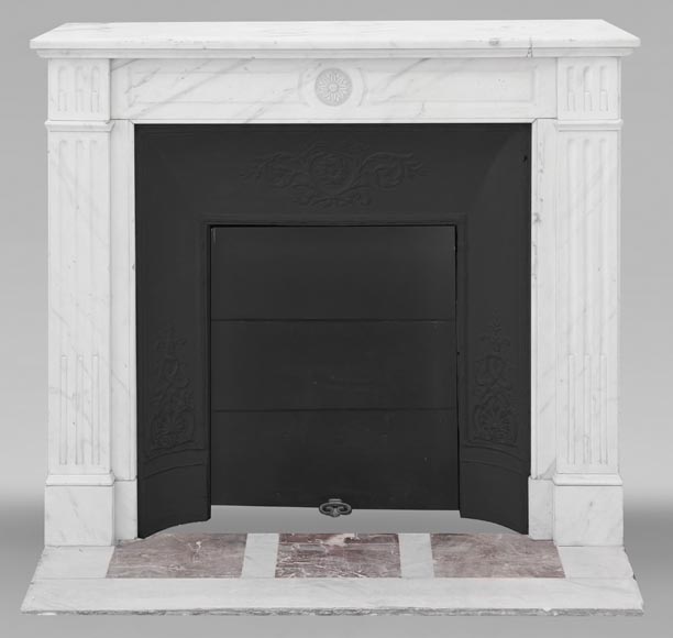 Louis XVI style fireplace in semi-statuary marble, decorated with a sunflower-0