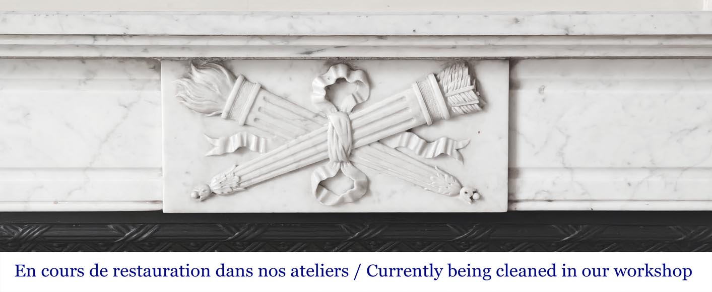 Louis XVI style fireplace in Carrara marble decorated with a torch and a quiver-1