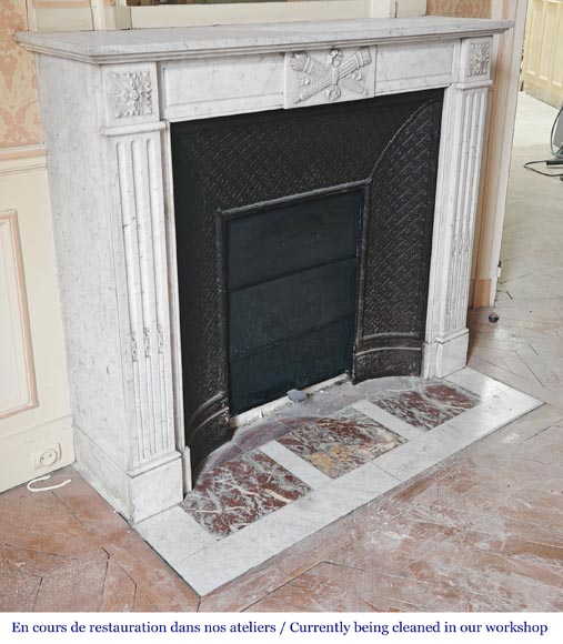 Louis XVI style fireplace in Carrara marble decorated with a torch and a quiver-2