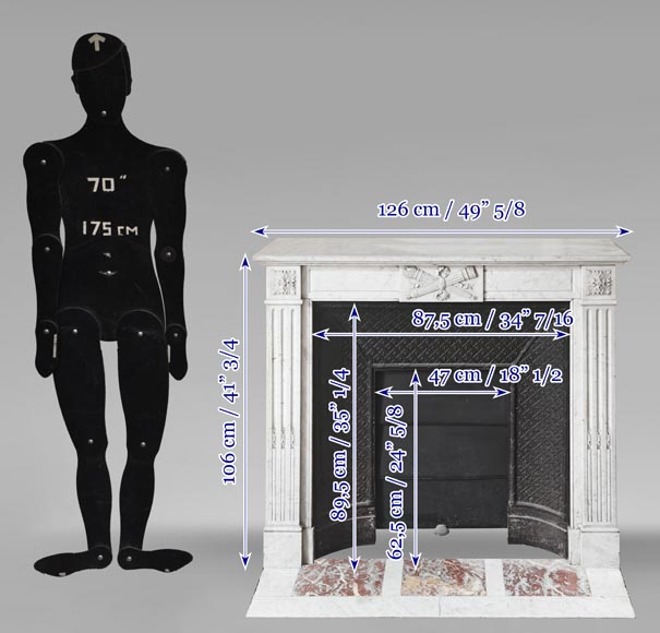 Louis XVI style fireplace in Carrara marble decorated with a torch and a quiver-11