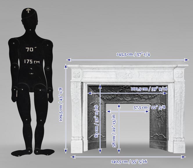 Louis XVI style fireplace with pearl decoration, in Carrara marble-10