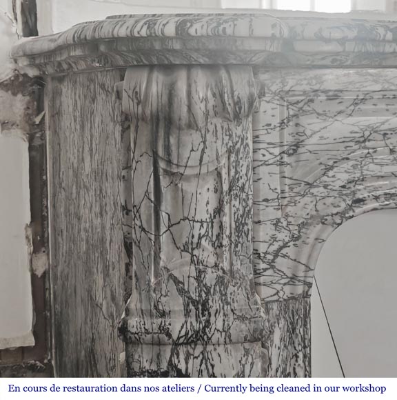 Louis XV style Pompadour model fireplace, in blue floral marble-3