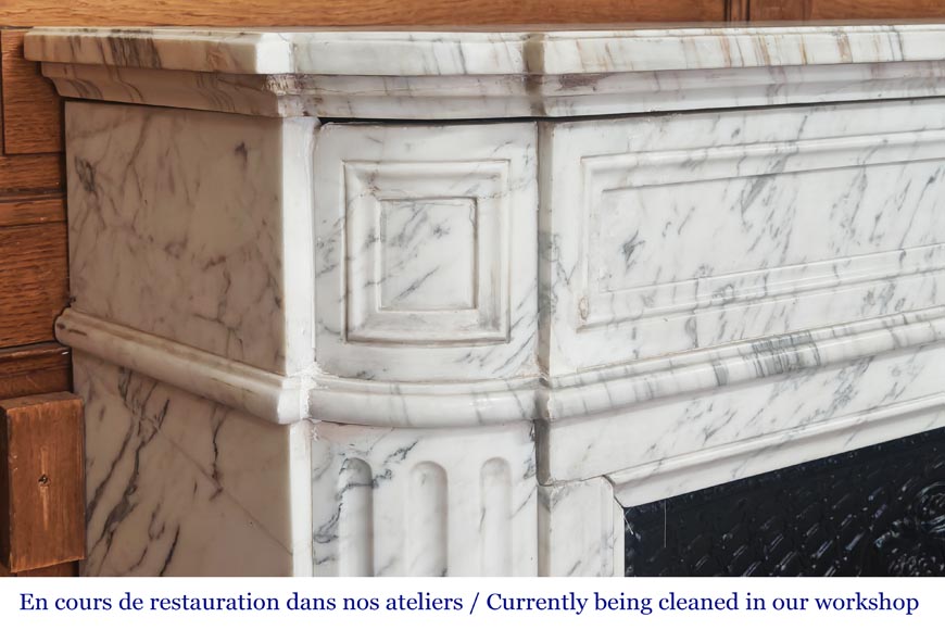 Louis XVI style fireplace with rounded corners, in Arabescato marble-3