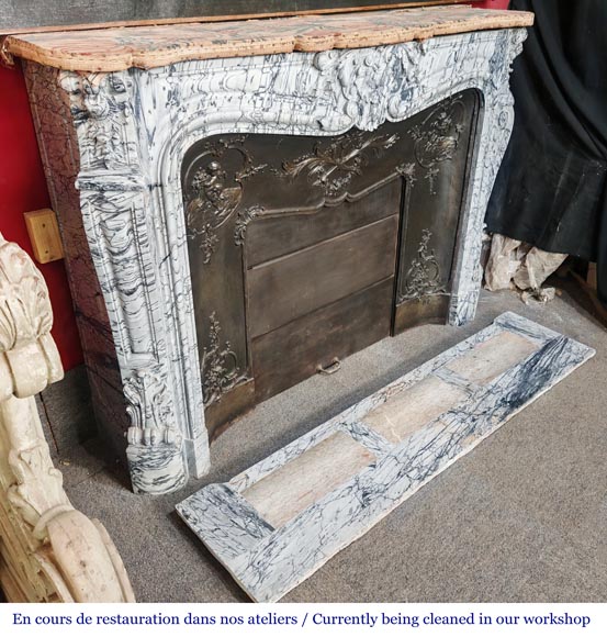 Louis XV style fireplace decorated with a shell motif, in blue floral marble Louis XV style fireplace decorated with a shell motif, in blue floral marble-3