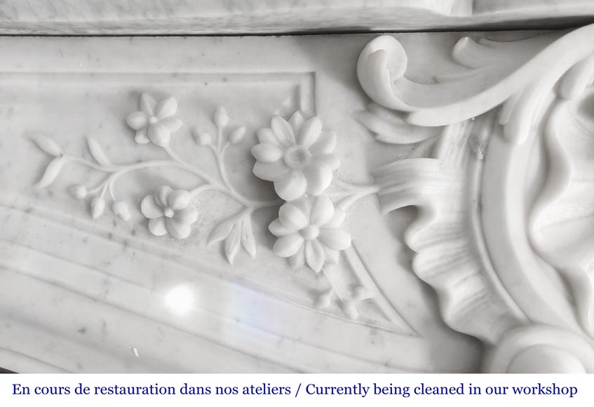 Louis XV style fireplace with floral decoration, in Carrara marble Louis XV style fireplace with floral decoration, in Carrara marble-3
