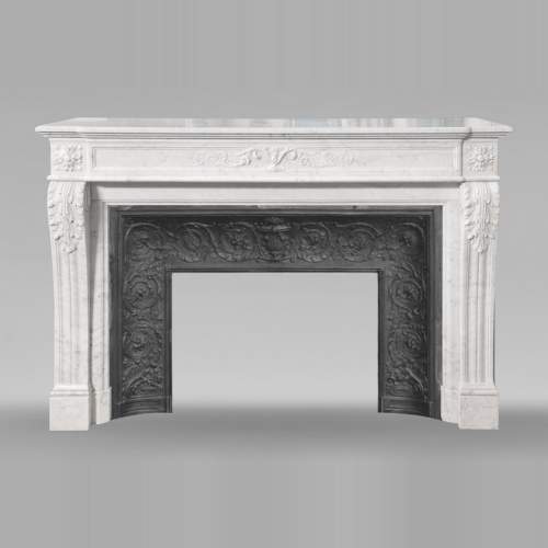 Louis XVI style fireplace with vegetal decoration, in Carrara marble