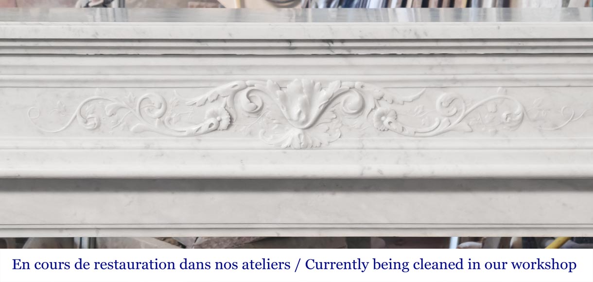 Louis XVI style fireplace with vegetal decoration, in Carrara marble-1