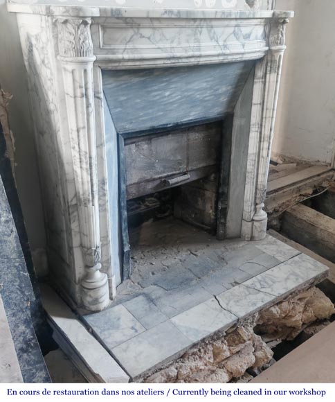 Louis XVI style curved-front fireplace in Arabescato marble, featuring half-columns of the Corinthian order-2