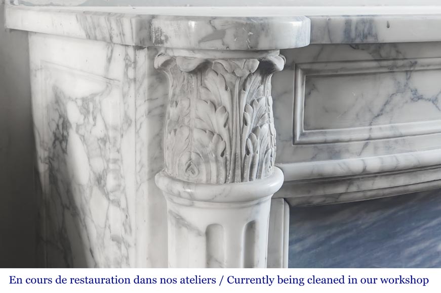 Louis XVI style curved-front fireplace in Arabescato marble, featuring half-columns of the Corinthian order-3