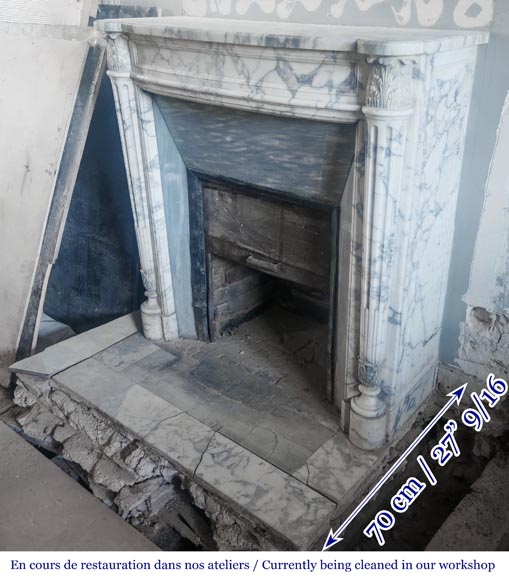 Louis XVI style curved-front fireplace in Arabescato marble, featuring half-columns of the Corinthian order-6