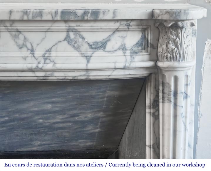 Louis XVI style curved-front fireplace in Arabescato marble, featuring half-columns of the Corinthian order-7