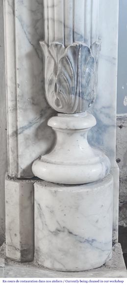 Louis XVI style curved-front fireplace in Arabescato marble, featuring half-columns of the Corinthian order-8