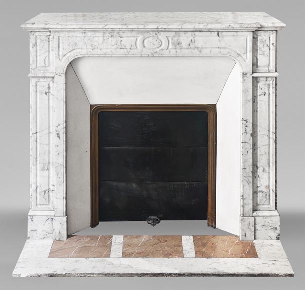Straight-fronted Louis XV style fireplace, Pompadour type, in veined Carrara marble-0