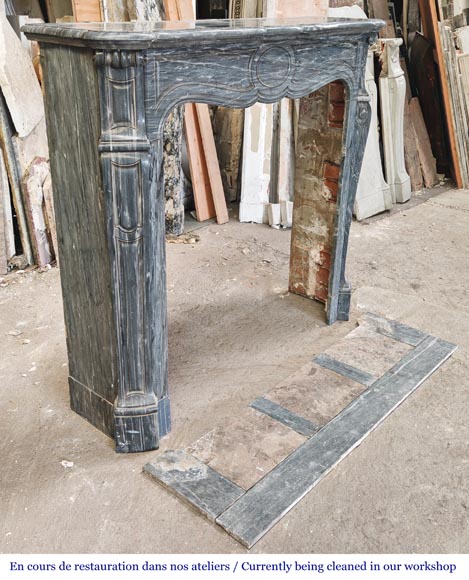 Louis XV style fireplace, Pompadour model, in Bleu Turquin marble-2