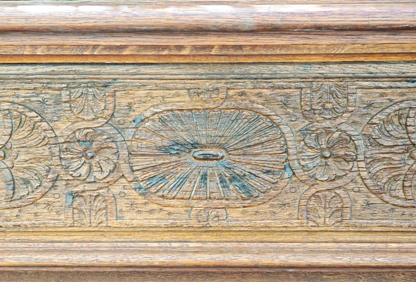 Louis XVI style oak fireplace, decorated with an oak-leaf frieze and surmounted by its oak overmantel Louis XVI style oak fireplace, decorated with an oak-leaf frieze and surmounted by its oak overmantel-1
