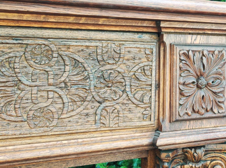 Louis XVI style oak fireplace, decorated with an oak-leaf frieze and surmounted by its oak overmantel Louis XVI style oak fireplace, decorated with an oak-leaf frieze and surmounted by its oak overmantel-2