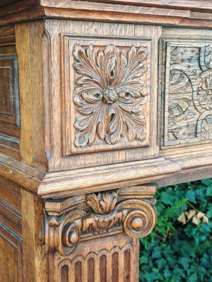 Louis XVI style oak fireplace, decorated with an oak-leaf frieze and surmounted by its oak overmantel Louis XVI style oak fireplace, decorated with an oak-leaf frieze and surmounted by its oak overmantel-5