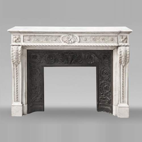 Louis XVI style Carrara marble fireplace with bead and rosette ornamentation