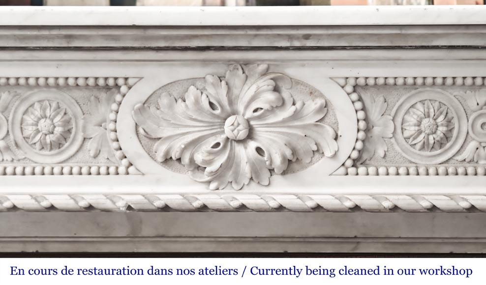Louis XVI style Carrara marble fireplace with bead and rosette ornamentation-1