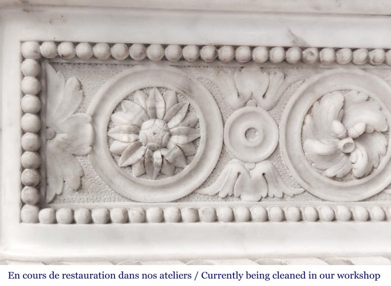Louis XVI style Carrara marble fireplace with bead and rosette ornamentation-5