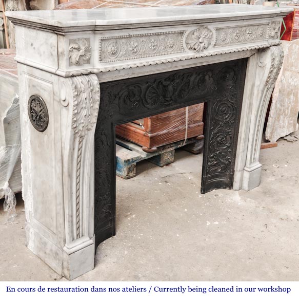 Louis XVI style Carrara marble fireplace with bead and rosette ornamentation-6