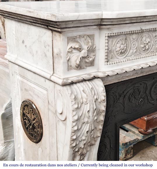 Louis XVI style Carrara marble fireplace with bead and rosette ornamentation-7