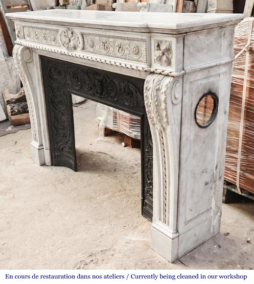 Louis XVI style Carrara marble fireplace with bead and rosette ornamentation-10