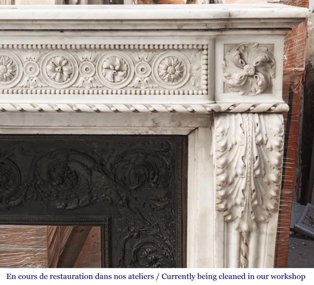 Louis XVI style Carrara marble fireplace with bead and rosette ornamentation-11